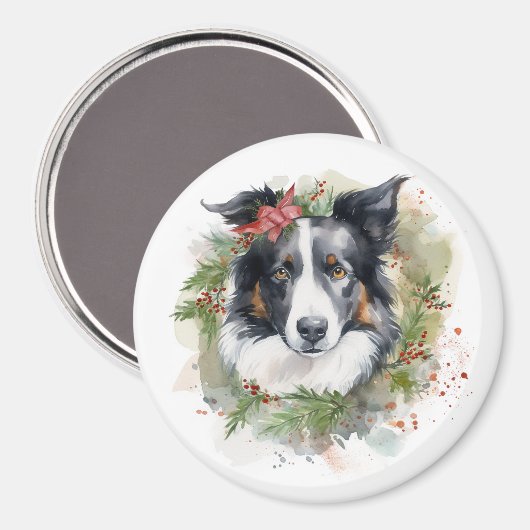 Border Collie Kerstkrans Feestelijke Pup Magneet (Voorkant / Achterkant)