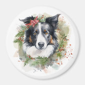 Border Collie Kerstkrans Feestelijke Pup Magneet (Voorkant)