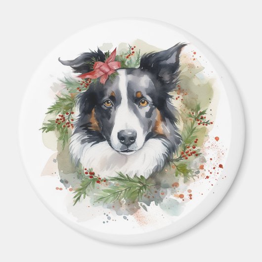 Border Collie Kerstkrans Feestelijke Pup Magneet (Voorkant)