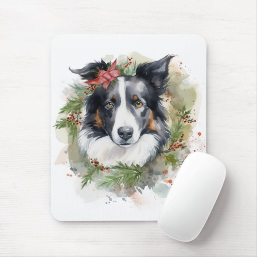 Border Collie Kerstkrans Feestelijke Pup Muismat (Met muis)