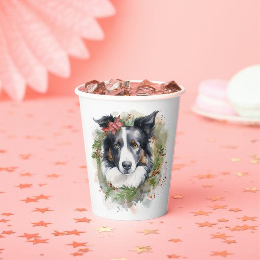 Border Collie Kerstkrans Feestelijke Pup Papieren Bekers (Insitu)