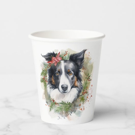 Border Collie Kerstkrans Feestelijke Pup Papieren Bekers (Voorkant)