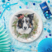 Border Collie Kerstkrans Feestelijke Pup Papieren Bordje (Feest)
