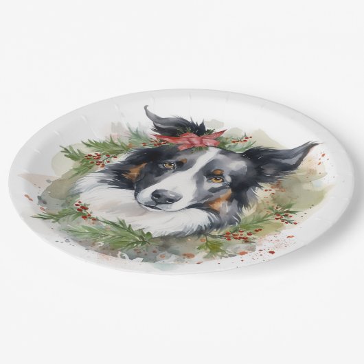 Border Collie Kerstkrans Feestelijke Pup Papieren Bordje (Gekanteld)