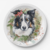 Border Collie Kerstkrans Feestelijke Pup Papieren Bordje (Voorkant)