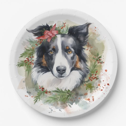 Border Collie Kerstkrans Feestelijke Pup Papieren Bordje (Voorkant)
