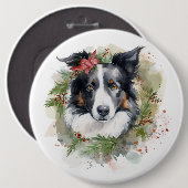 Border Collie Kerstkrans Feestelijke Pup Ronde Button 6,0 Cm (Voorkant /achterkant)