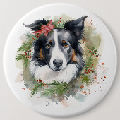 Border Collie Kerstkrans Feestelijke Pup Ronde Button 6,0 Cm (Voorkant)