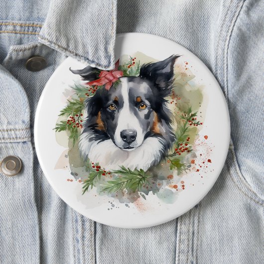 Border Collie Kerstkrans Feestelijke Pup Ronde Button 6,0 Cm (In situ)