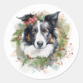 Border Collie Kerstkrans Feestelijke Pup Ronde Sticker (Voorkant)
