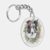 Border Collie Kerstkrans Feestelijke Pup Sleutelhanger (Voorkant Links)