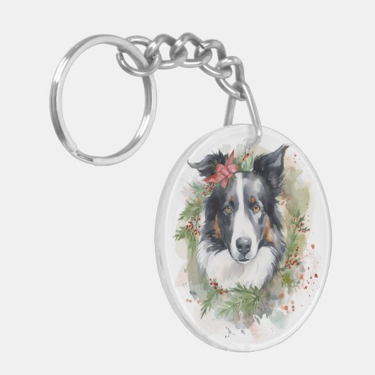Border Collie Kerstkrans Feestelijke Pup Sleutelhanger (Voorkant Links)