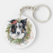 Border Collie Kerstkrans Feestelijke Pup Sleutelhanger (Achterkant)