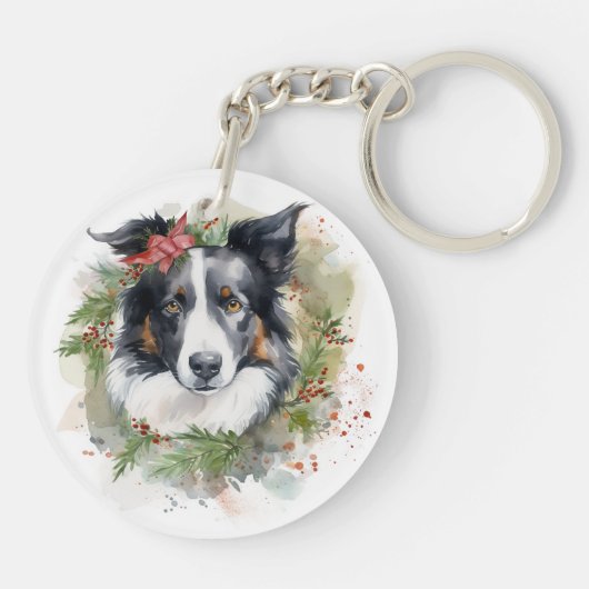 Border Collie Kerstkrans Feestelijke Pup Sleutelhanger (Achterkant)