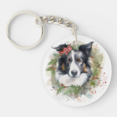 Border Collie Kerstkrans Feestelijke Pup Sleutelhanger (Voorkant)