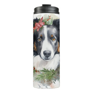 Border Collie Kerstkrans Feestelijke Pup Thermosbeker
