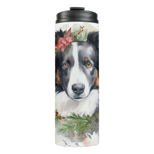 Border Collie Kerstkrans Feestelijke Pup Thermosbeker (Voorkant)