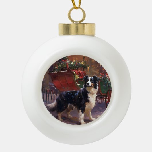 Border Collie Kerstmis Feestelijk Seizoen Keramische Bal Ornament (Voorkant)