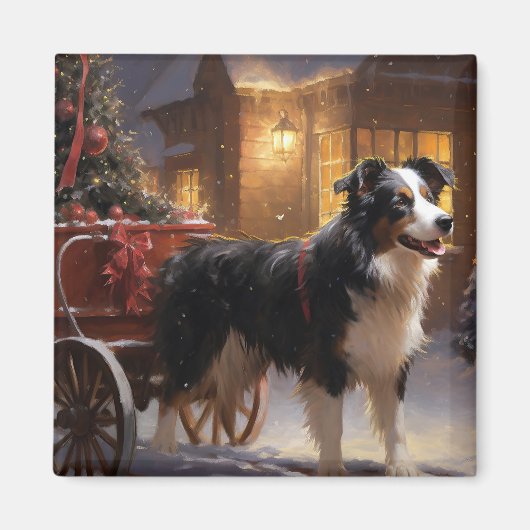 Border Collie Kerstmis Feestelijk Seizoen Magneet (Voorkant)