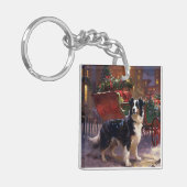 Border Collie Kerstmis Feestelijk Seizoen Sleutelhanger (Voorkant Links)