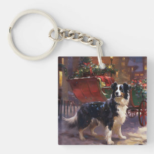 Border Collie Kerstmis Feestelijk Seizoen Sleutelhanger