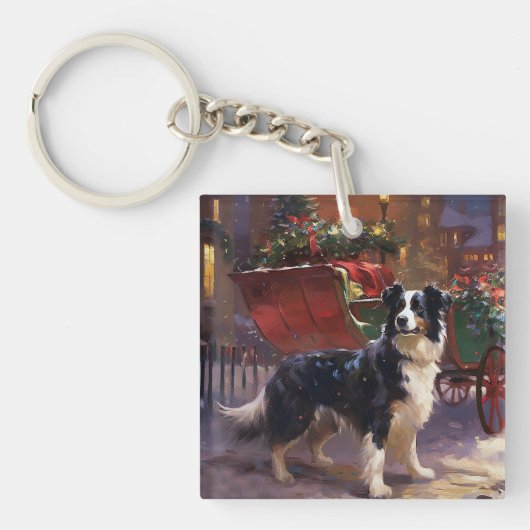 Border Collie Kerstmis Feestelijk Seizoen Sleutelhanger (Voorkant)