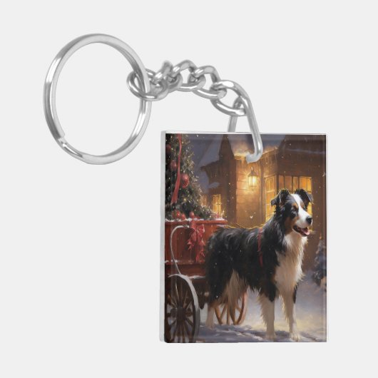 Border Collie Kerstmis Feestelijk Seizoen Sleutelhanger (Voorkant Links)