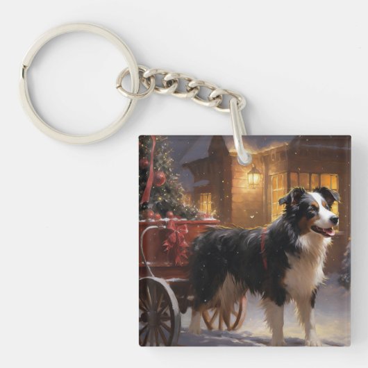 Border Collie Kerstmis Feestelijk Seizoen Sleutelhanger (Voorkant)