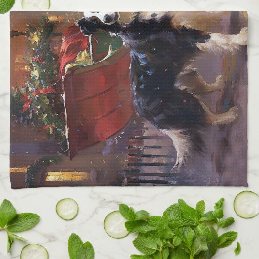 Border Collie Kerstmis Feestelijk Seizoen Theedoek (Gevouwen)