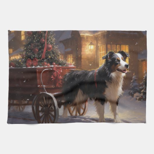 Border Collie Kerstmis Feestelijk Seizoen Theedoek (Horizontaal)