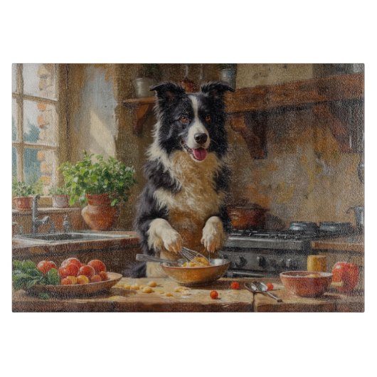 Border Collie Kookt in Keuken Snijplank (Voorkant)