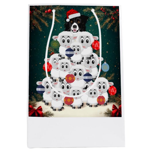 Border Collie Kudde Kerstboom Medium Cadeauzakje (Voorkant)