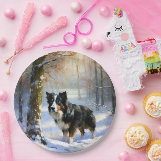 Border Collie Laat het sneeuwen Kerstmis Papieren Bordje (Feest)