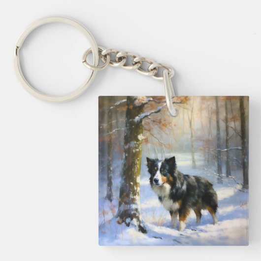Border Collie Laat het sneeuwen Kerstmis Sleutelhanger (Voorkant)
