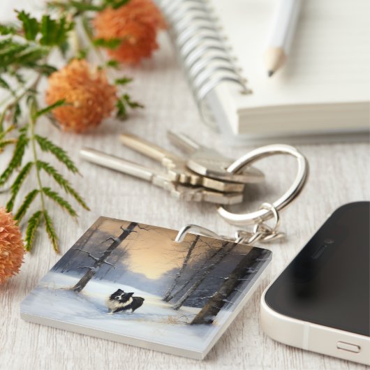 Border Collie Laat het sneeuwen Kerstmis Sleutelhanger (Voorkant Rechts)