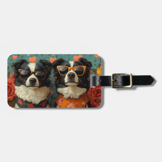 Border Collie Met Hartrozen Valentijnsdag Bagagelabel (Voorkant horizontaal)