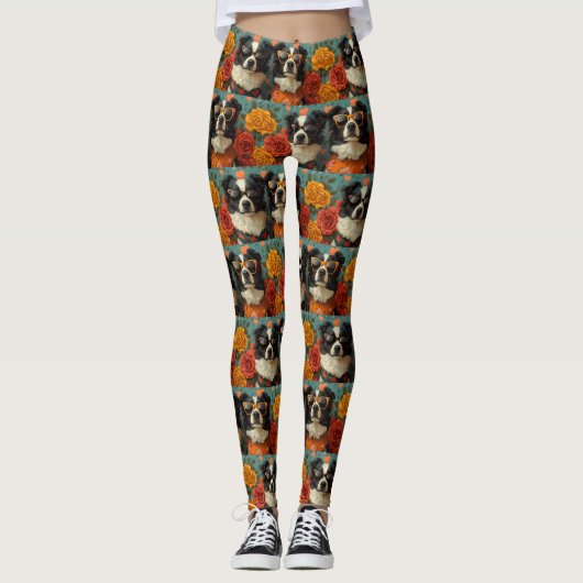 Border Collie Met Hartrozen Valentijnsdag Leggings (Voorkant)