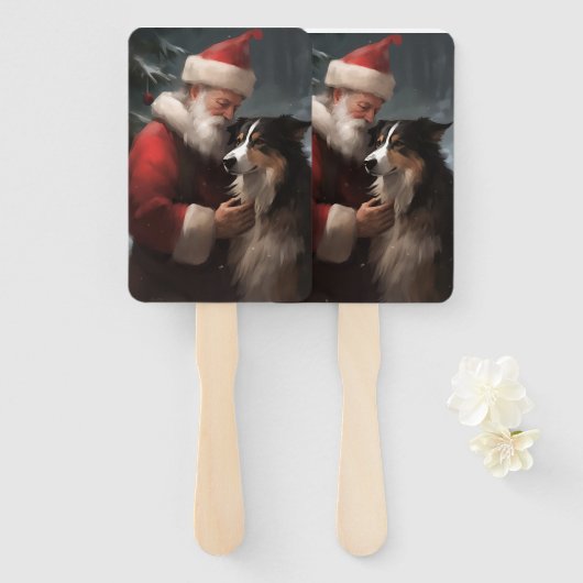 Border Collie met Kerstman Festive Kerstmis Handwaaier (Voorkant en achterkant)