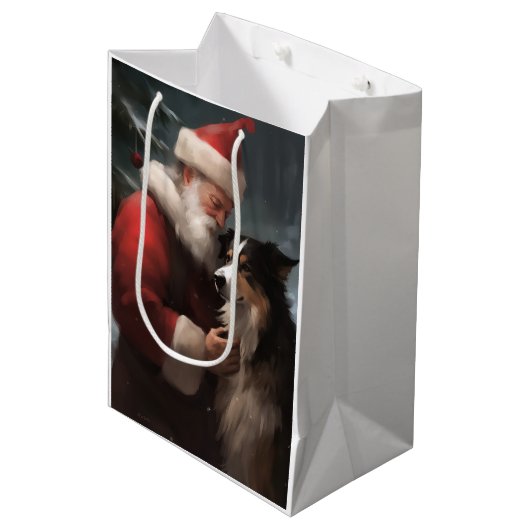 Border Collie met Kerstman Festive Kerstmis Medium Cadeauzakje (Voorkant Gekanteld)