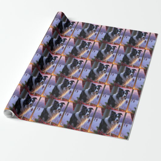 Border Collie Met Kerstverlichting Vakantie Cadeaupapier (Uitgerold)