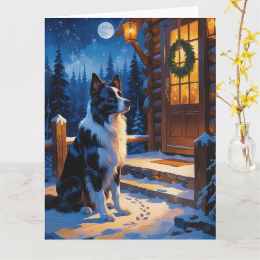 Border Collie met kerstverlichting Vakantie Kaart (Gele Bloem)