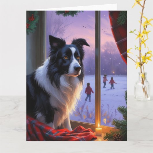 Border Collie met kerstverlichting Vakantie Kaart (Gele Bloem)