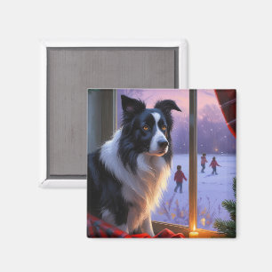 Border Collie Met Kerstverlichting Vakantie Magneet
