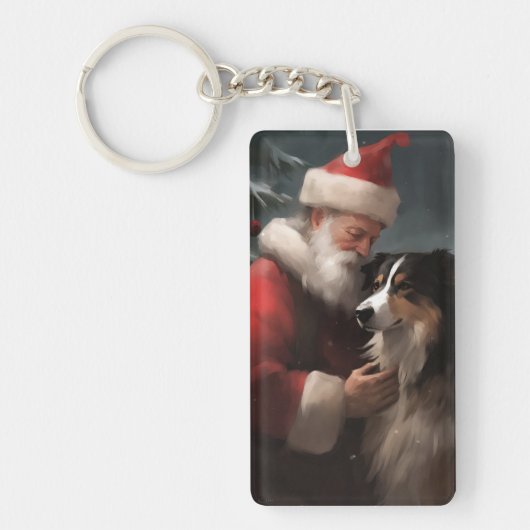Border Collie met Sinterklaas Festive Kerstmis Sleutelhanger (Voorkant)