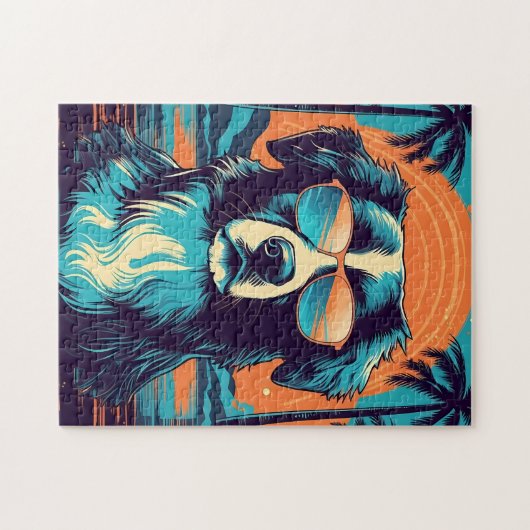 Border Collie met zonnebril op een tropisch strand Legpuzzel (Horizontaal)