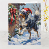 Border Collie Mid-Air Christmas Bow Catch Hat Kaart (Gele Bloem)