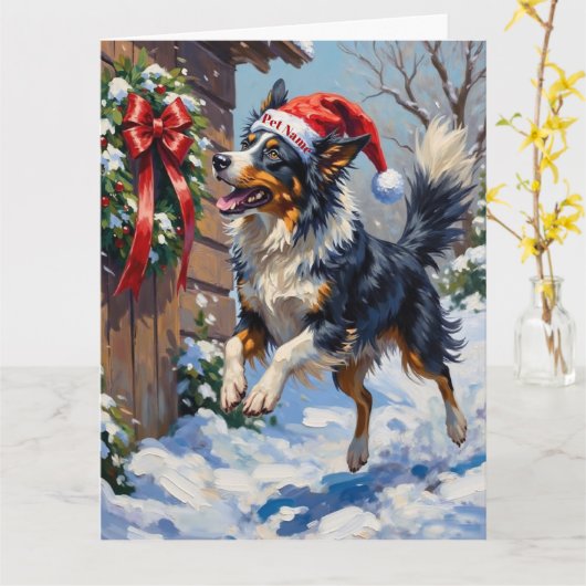 Border Collie Mid-Air Christmas Bow Catch Hat Kaart (Gele Bloem)