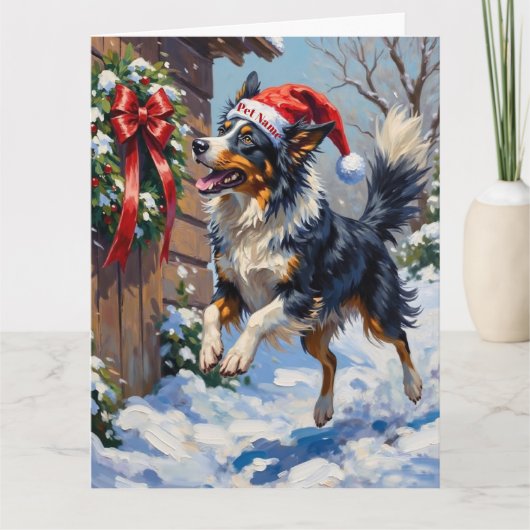 Border Collie Mid-Air Christmas Bow Catch Hat Kaart (Voorkant)
