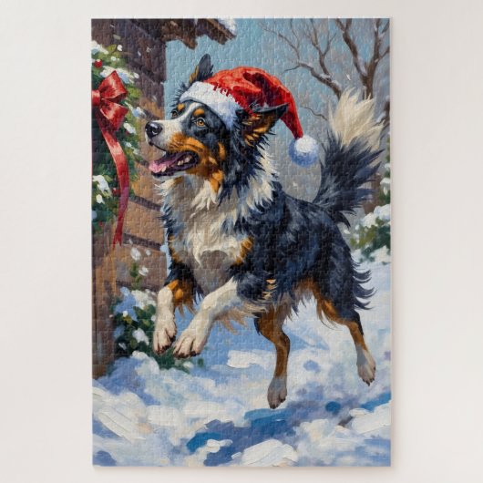 Border Collie Mid-Air Christmas Bow Catch Hat Legpuzzel (Verticaal)