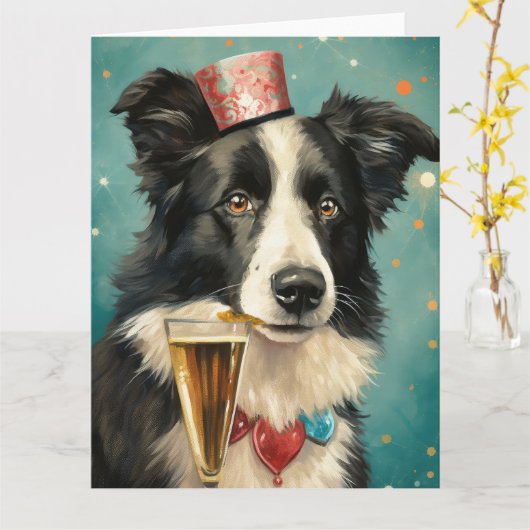 Border Collie Nieuwjaar Kaart (Gele Bloem)